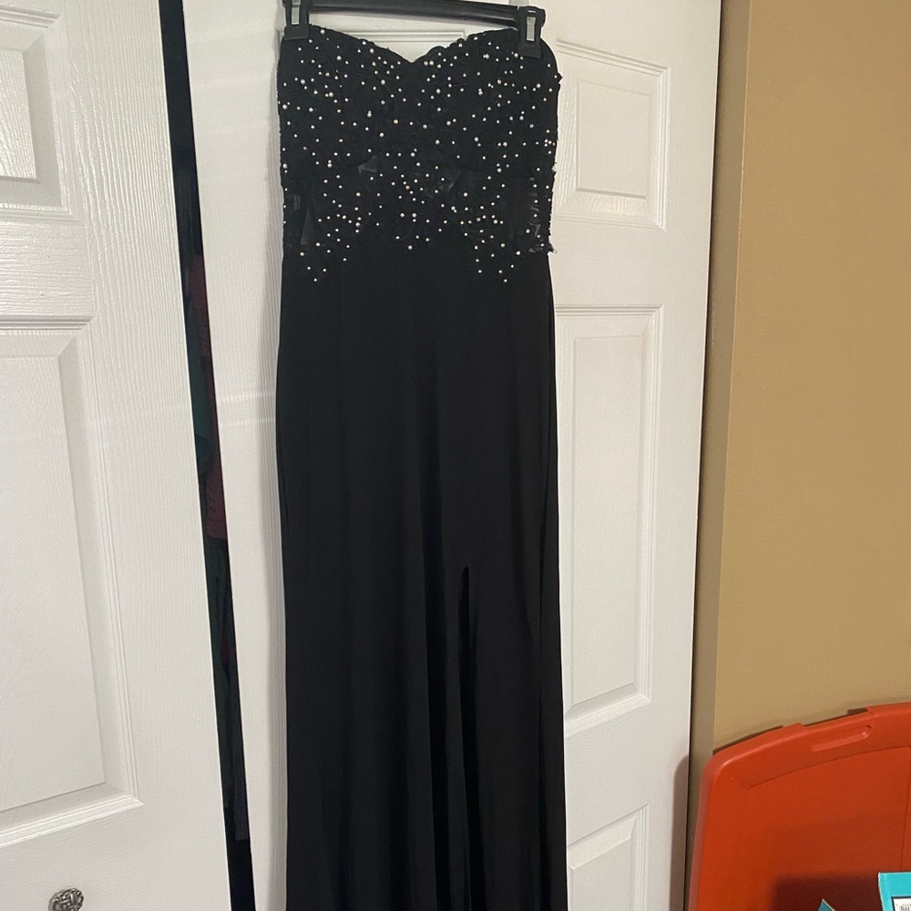 Black strapless formal gown